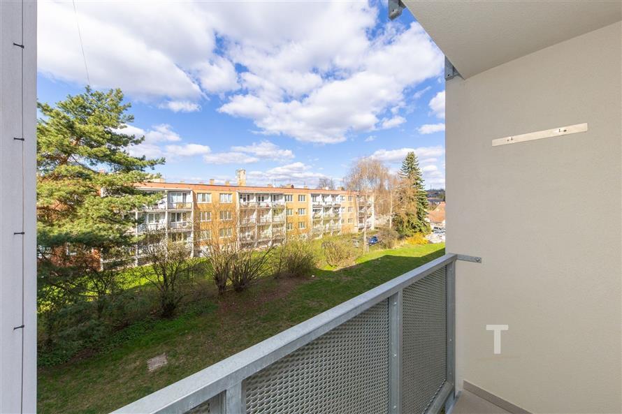 Balkon s výhledem na zelený park, moderní zábradlí, ideální pro relaxaci.