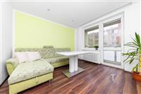 Světlý obývací pokoj s laminátovou podlahou, velká okna s výhledem, moderní pohovka a zelená stěna vytváří útulný prostor.