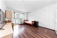 Světlý obývací pokoj s parketovou podlahou, velká okna a moderní výzdoba.