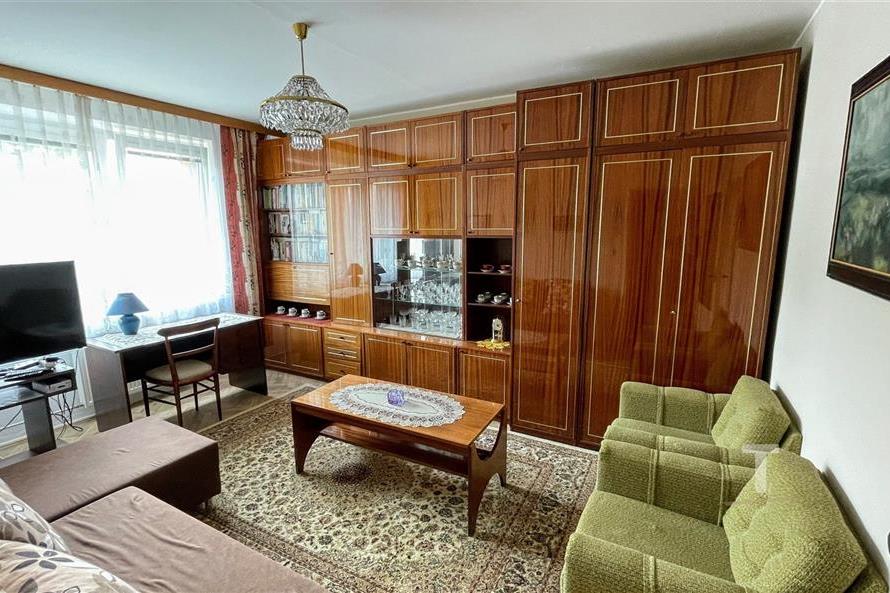 Světlý obývací pokoj s parketovou podlahou, vestavěnými skříněmi a vintage nábytkem. Velká okna poskytují dostatek přirozeného světla.