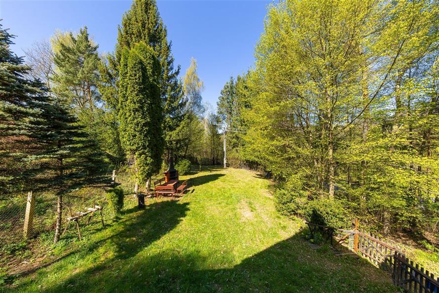 Zahrada s udržovaným trávníkem, obklopená vzrostlými stromy, s dřevěným oplocením a světlým prostorem ideálním pro relaxaci.