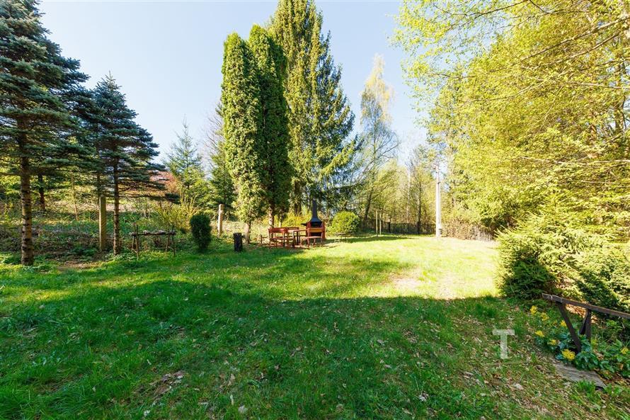 Prostorná zahrada s travnatým porostem, vzrostlé stromy poskytující stín a klid, ideální pro relaxaci a venkovní aktivity v přírodě.