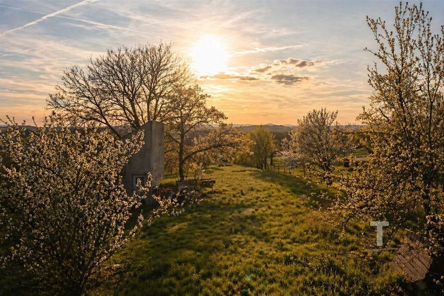 Zahrada s rozkvetlými stromy a panoramatickým výhledem, ideální pro milovníky přírody, nabízí klid a soukromí ve venkovském prostředí