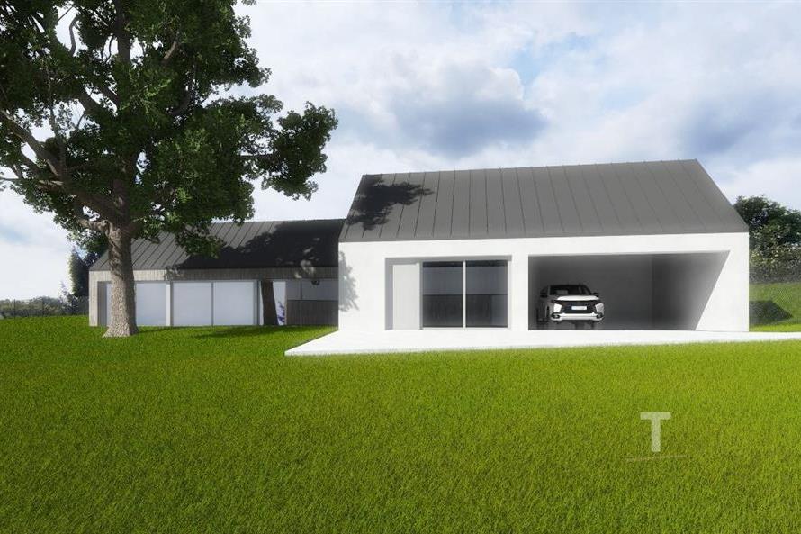 Moderní rodinný dům se zateplenou fasádou, velká garáž, prostorná zahrada a šikmá střecha v klidné lokalitě.